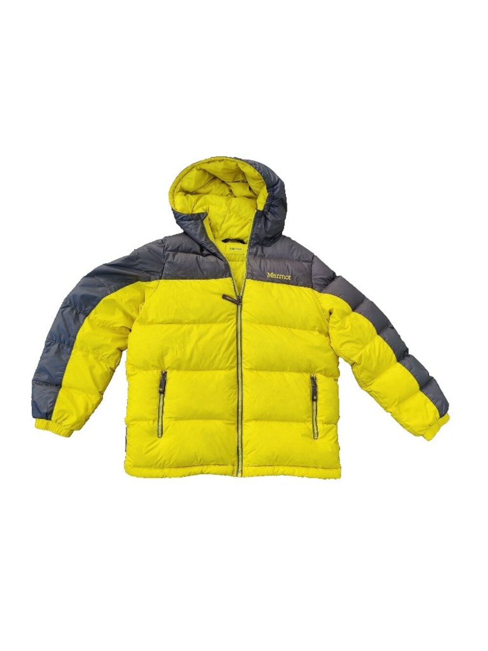 Marmot Puffer 700 Down Fill Jacket Men Sz XXL Yellow Gray Warm Down Filled Hood